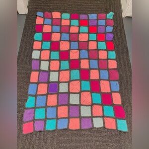 Vintage Knit Blanket Granny Square Handmade Afghan Gray Pastel Multicolor Throw